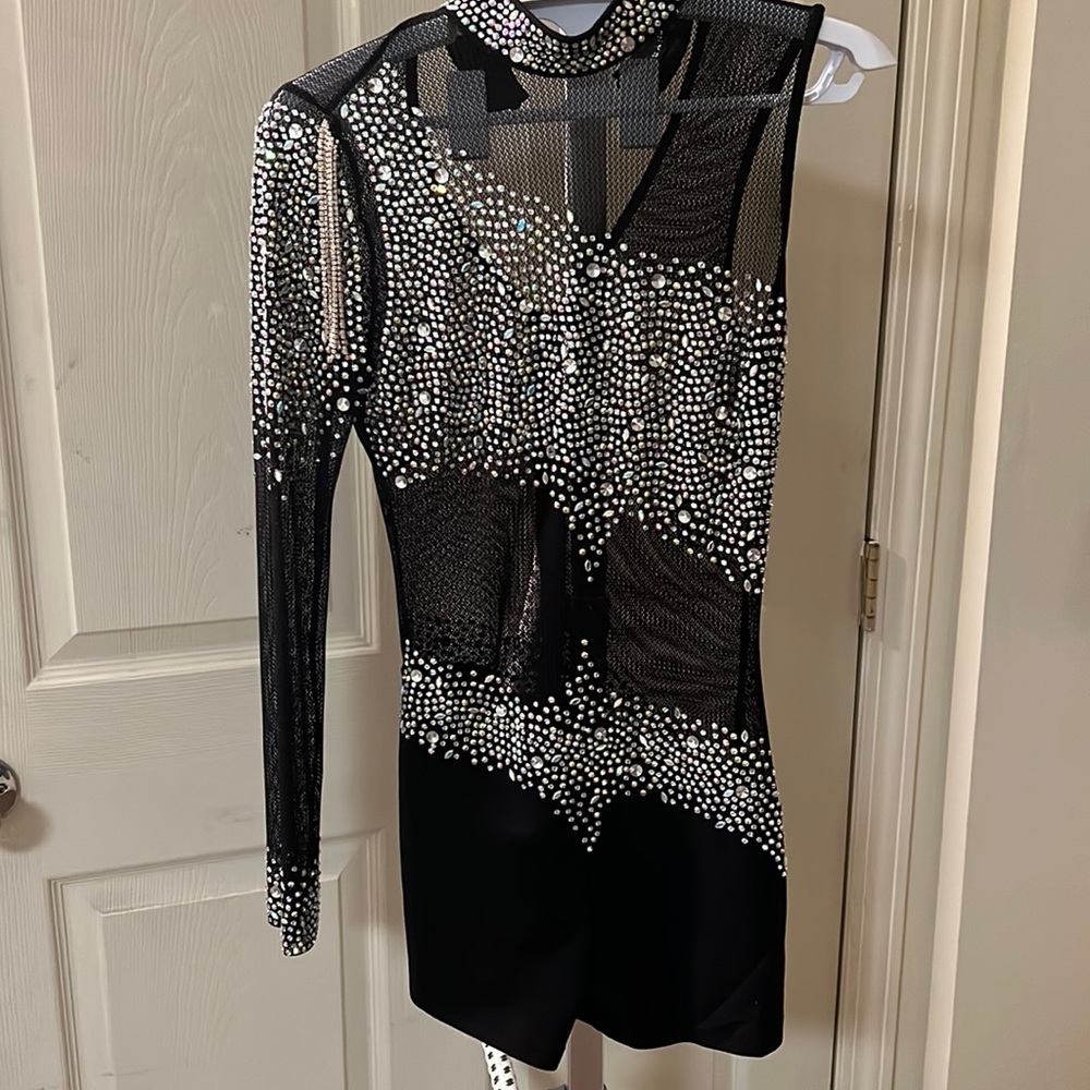 Black mesh/rhinestone shorts,jumpsuit